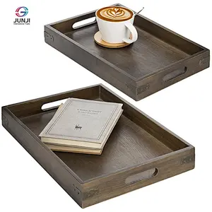 Rustic brown wooden nested breakfast tray with handle, 2 pieces
