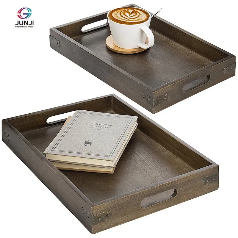 Rustic brown wooden nested breakfast tray with handle, 2 pieces