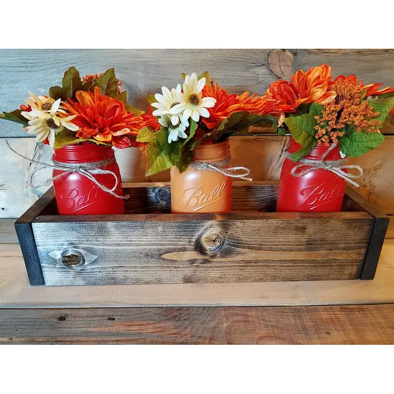 Wooden Planter Box  Mason Jar Box Wooden Decor  Centerpiece Box Pot