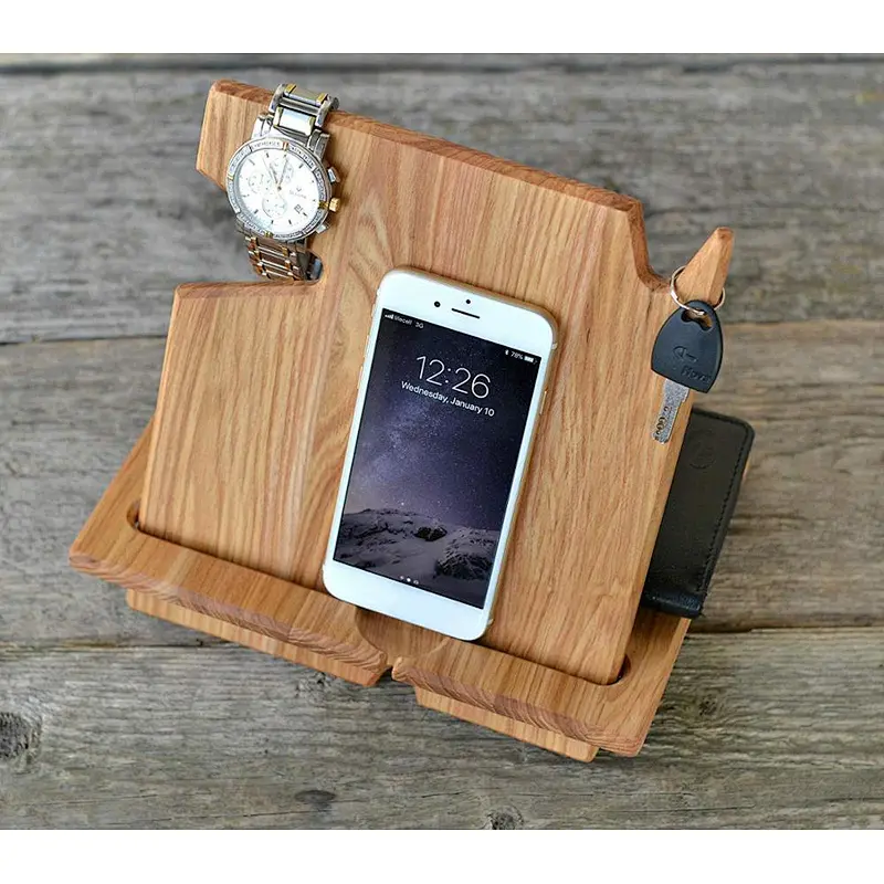 Mens wood phone docking station desk mobile phone holder wood phone docking station wireless charge