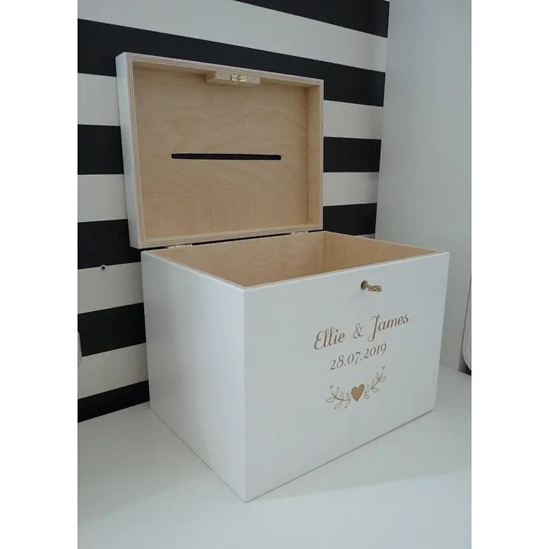 Personalized White Wedding Wooden Card box with Slot, Engraved Greeting Cards Collection Box for Weddings Birthdays Graduations
