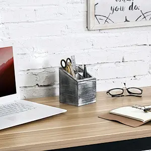 Vintage Gray Wood 4 Slot Pen & Pencil Holder Box
