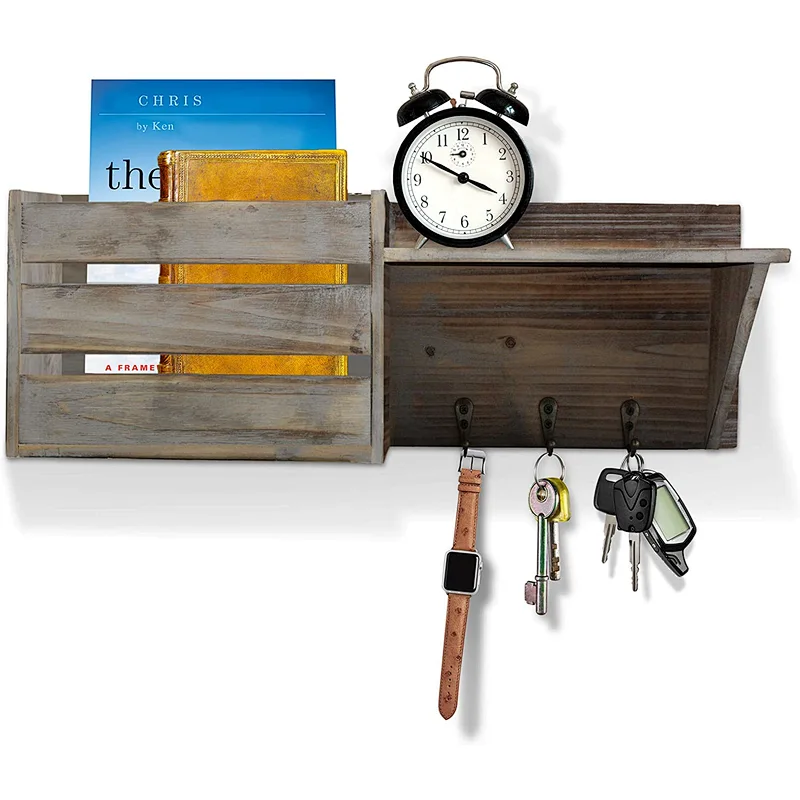 Wooden storage rack Rustic holder  ChasBete Rustic Key Holder for Wall Decorative  Entryway Shelf with Hooks