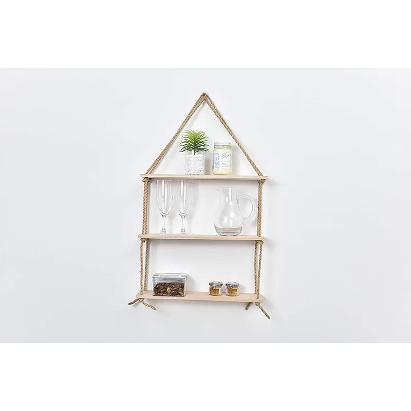 Hanging Planter Shelf Wall - Floating Swing Storage Shelves Jute Rope Organizer Rack 3 Tier Handmade Shelves Wall-Hanging