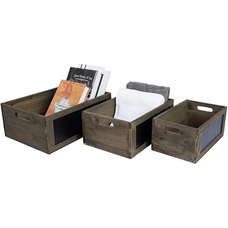 Gift Rustic Brown Wood Nesting Storage Crates with Chalkboard Front Panel and Cutout Handles wooden boxes