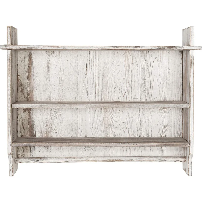MyGift 3-Shelf Whitewashed Wall Mounted Bathroom Organizer Rack with Towel Bar