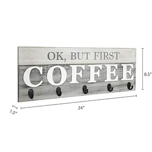 But First Coffee' Mug Holder - Rack - Display, Rustic Farmhouse Wood Coffee Wall Decor Sign for Kitchen, Bar, Cafe 24