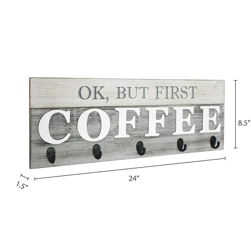 But First Coffee' Mug Holder - Rack - Display, Rustic Farmhouse Wood Coffee Wall Decor Sign for Kitchen, Bar, Cafe 24