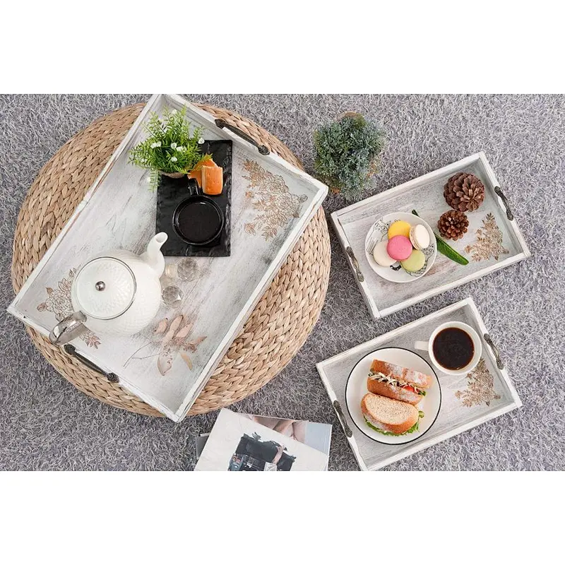 Wooden tray, 3-piece oversize coffee table tray - retro country design - metal handle