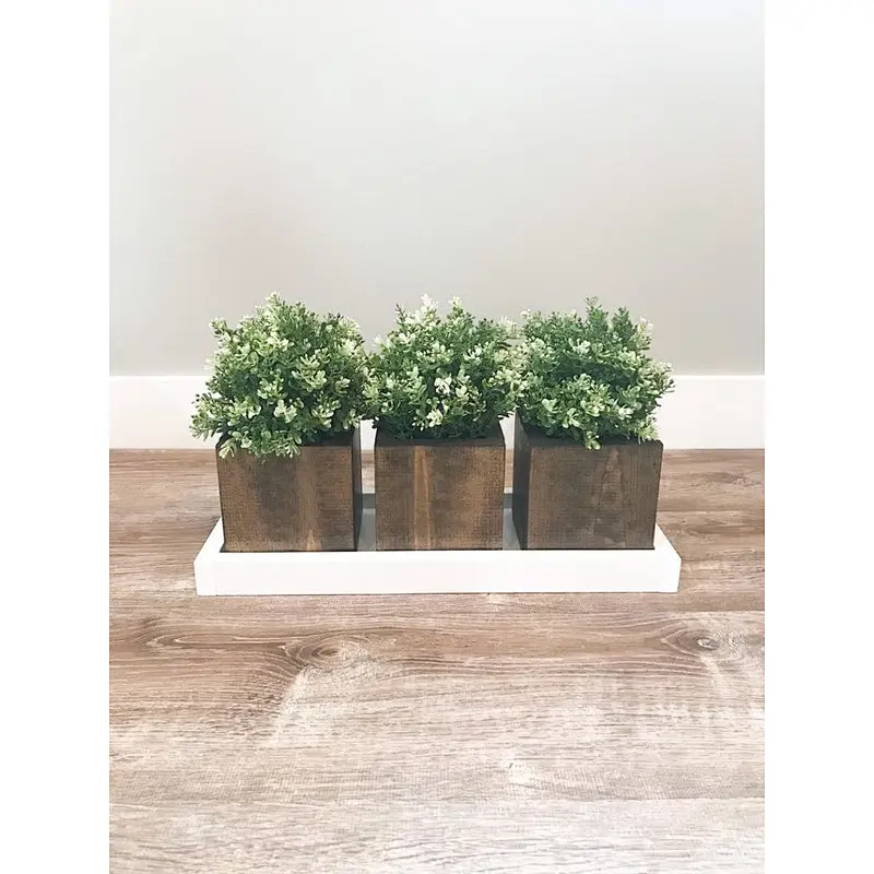 White wood tray with planters Set of 3 brown planters Handmade Flower pots Brown and White Rustic Farmhouse Home Decor