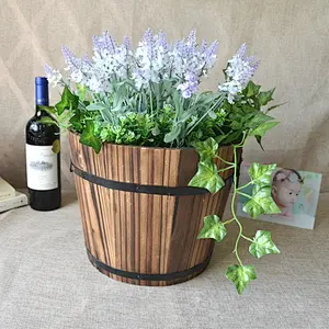 Wood land planter flower box-Retro Round Wooden Flower Pots Planter Barrel Home Garden Outdoor Decoration