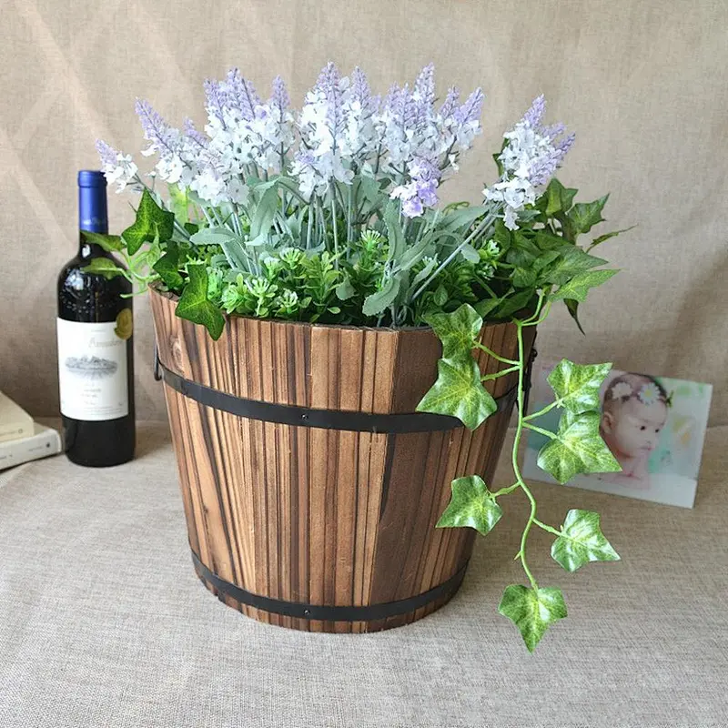 Wood land planter flower box-Retro Round Wooden Flower Pots Planter Barrel Home Garden Outdoor Decoration