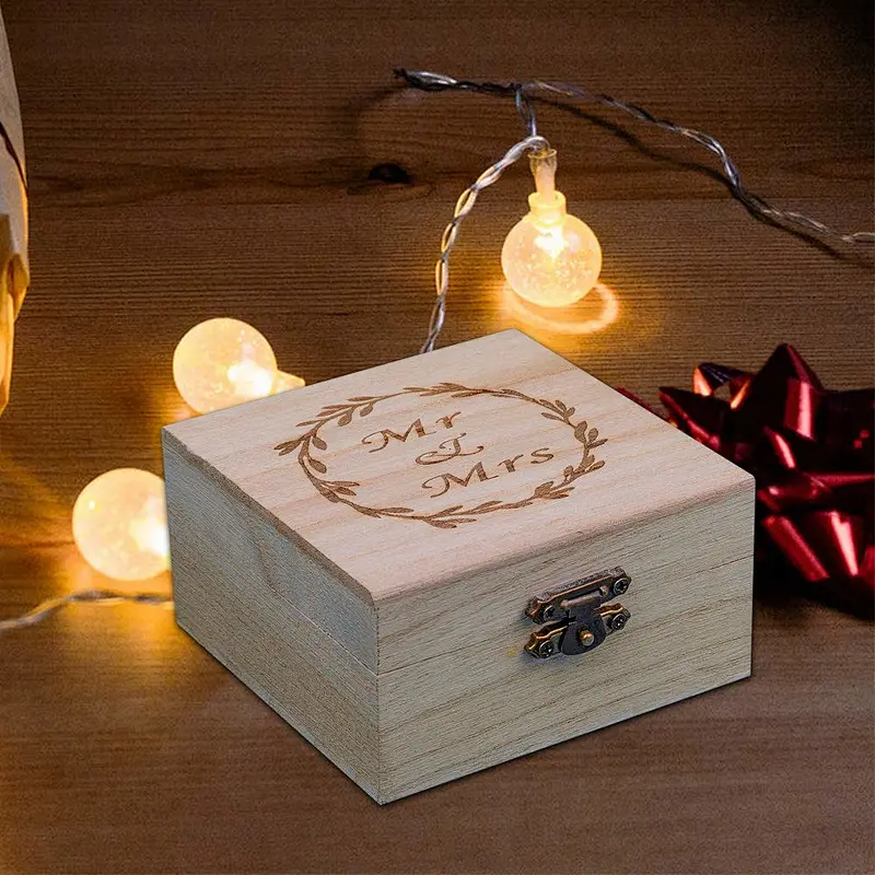 Wedding Ring Wooden Box for gift  wood jewelry box watch box  with  lid handle  small wooden carved gift