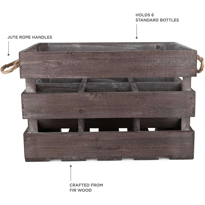 Wood Wine Holder Rustic Farmhouse Wooden 6 Bottle Crate