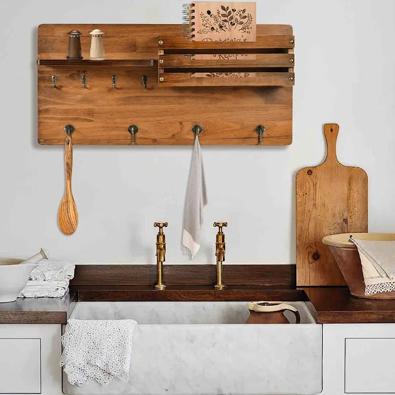 Wall Mounted Coat Rack Shelf Entryway Organizer with Key Hook and Mail Slot - Rustic Farmhouse Decor Solid Pine Wood