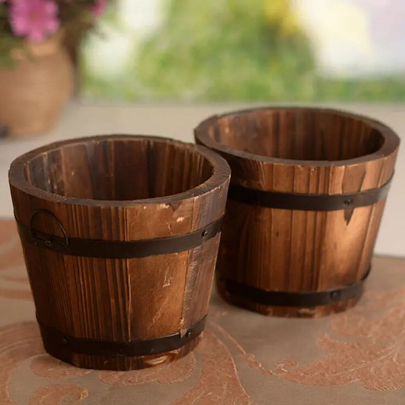 Wooden Round Barrel Planter Flower Pots Home Office Garden Wedding Decor