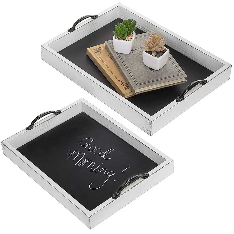 Nesting Vintage Whitewash Wood Serving Trays With Chalkboard Surface Set of 2 Wooden Tray With Handle Wooden Tray