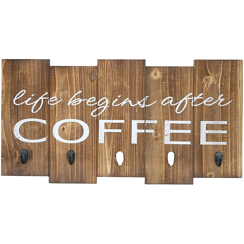 Creations Rustic Coffee Mug Rack Wall Mounted, Printed Coffee Sign - 6 Coffee Cup Hooks