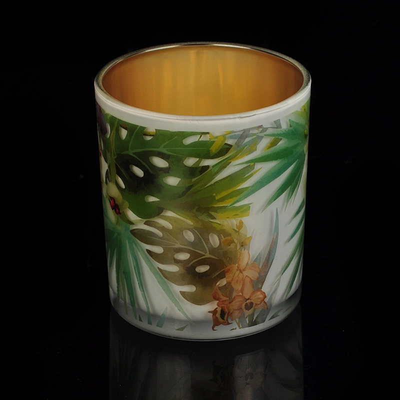Luxury Gold plating Glass Candle Jar With Surrounding Decal