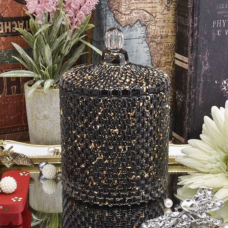 Elegant Black round glass candle holder with lid home decor