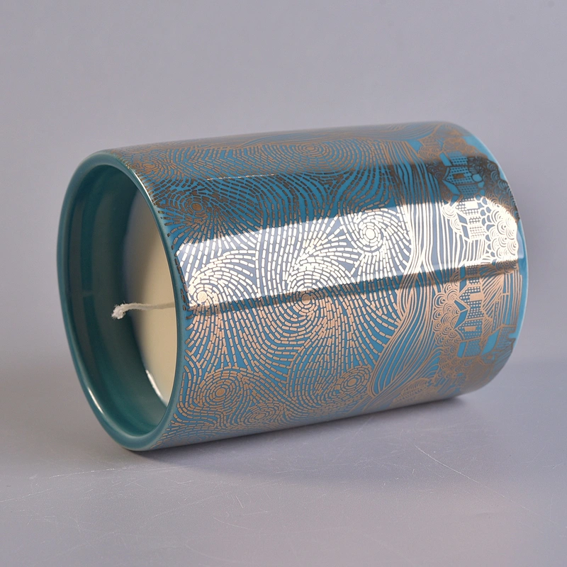10oz Cylinder scented blue candle ceramic holder home decoration