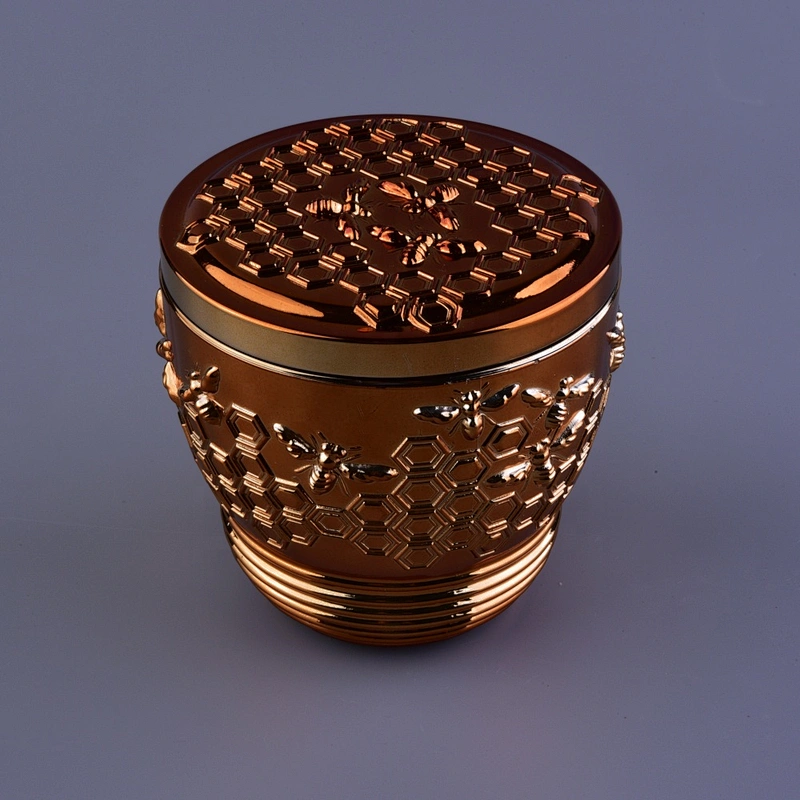 Sunny bee design votive gold glass candle holder with glass lid