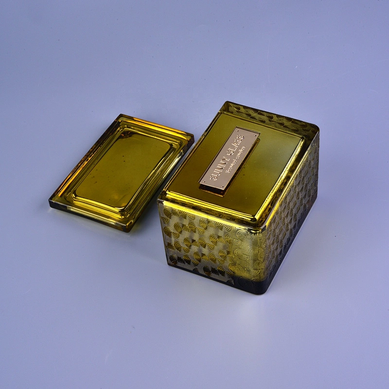 Wholesales luxury spray square gold glass candle holders with lid