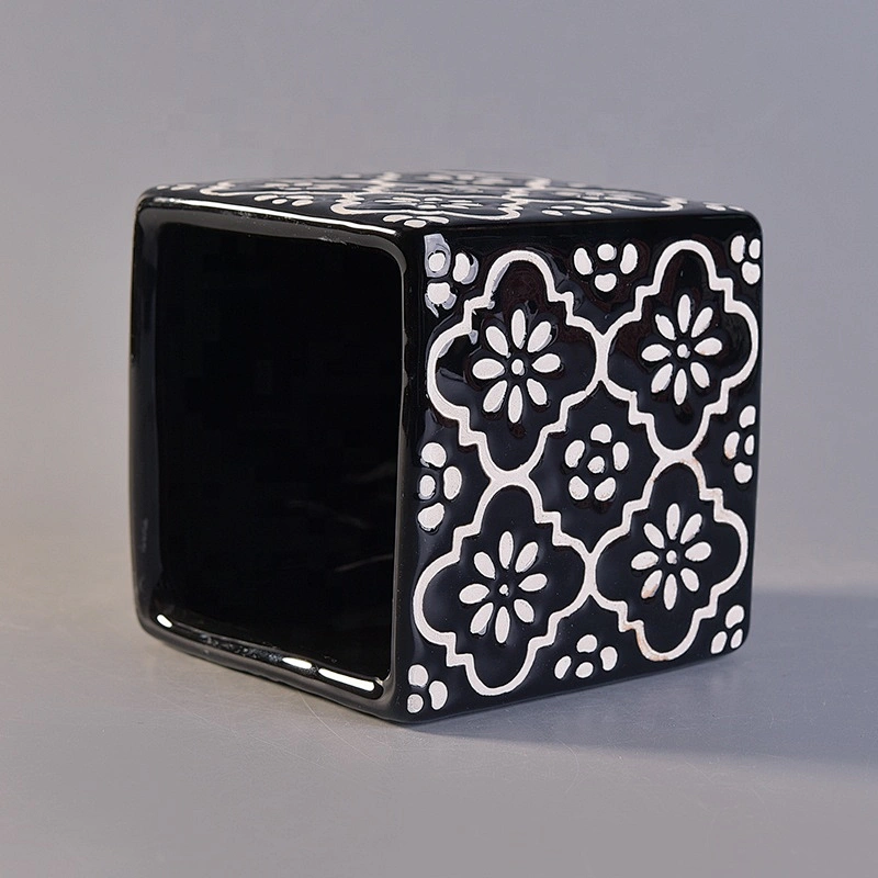 Home Decorative Square Black Ceramic Candle Vessel Empty