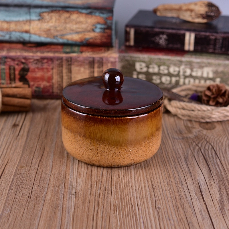 Wholesales chinese brown round ceramic candle container with lid