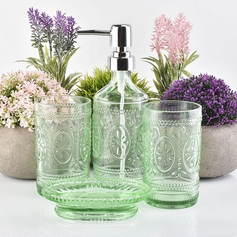Luxury green emboss  Glass bathroom accessories four sets