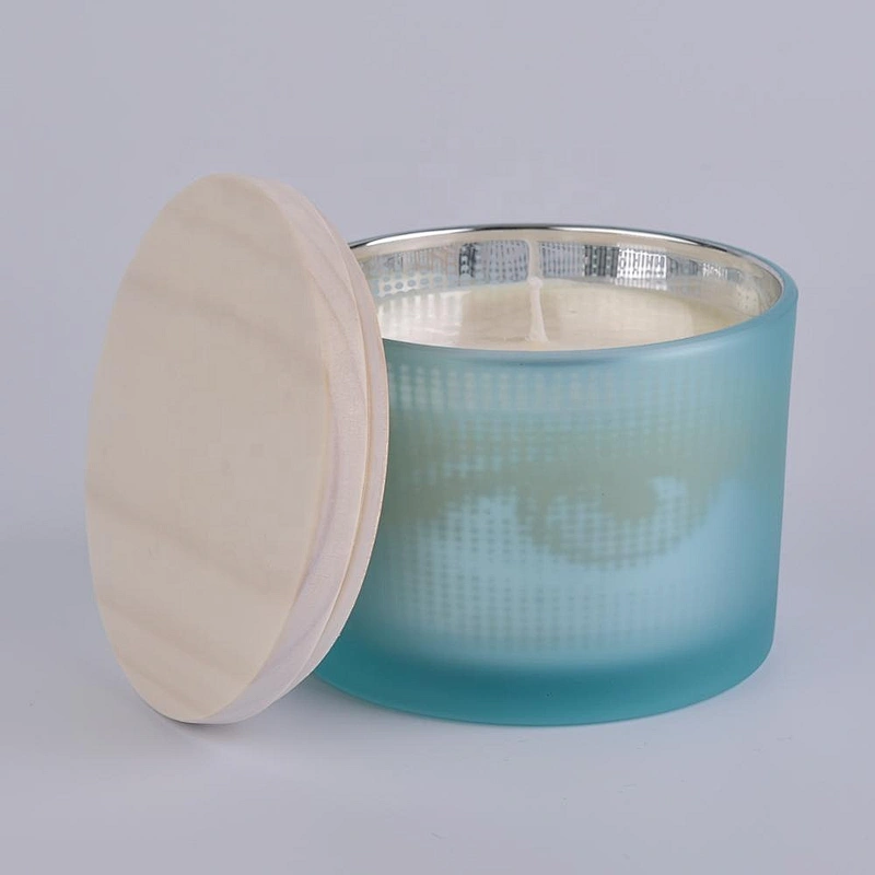 Home decoration Modern blue glass candle holder customized with wood lid
