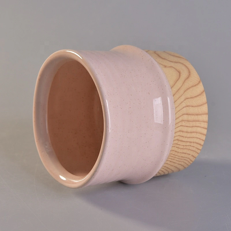 Wholesales pink ceramic candle tumbler jars with wood