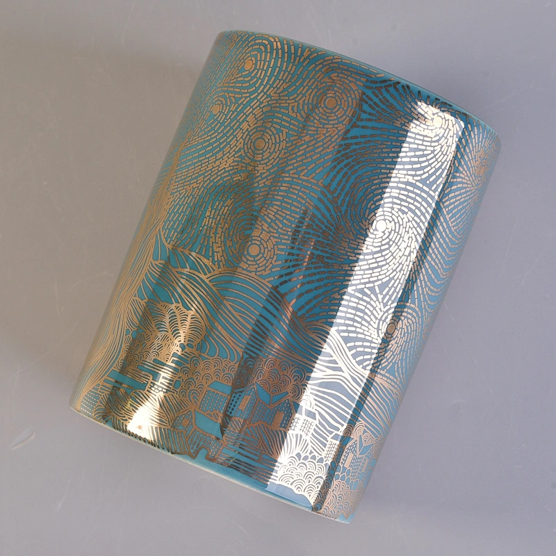 10oz Cylinder scented blue candle ceramic holder home decoration