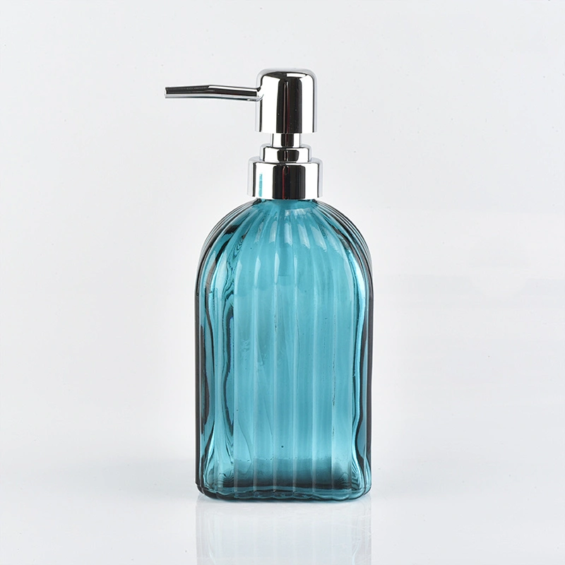 embossed stripe glass bath accessories spray blue glass lotion dispenser for bathroom