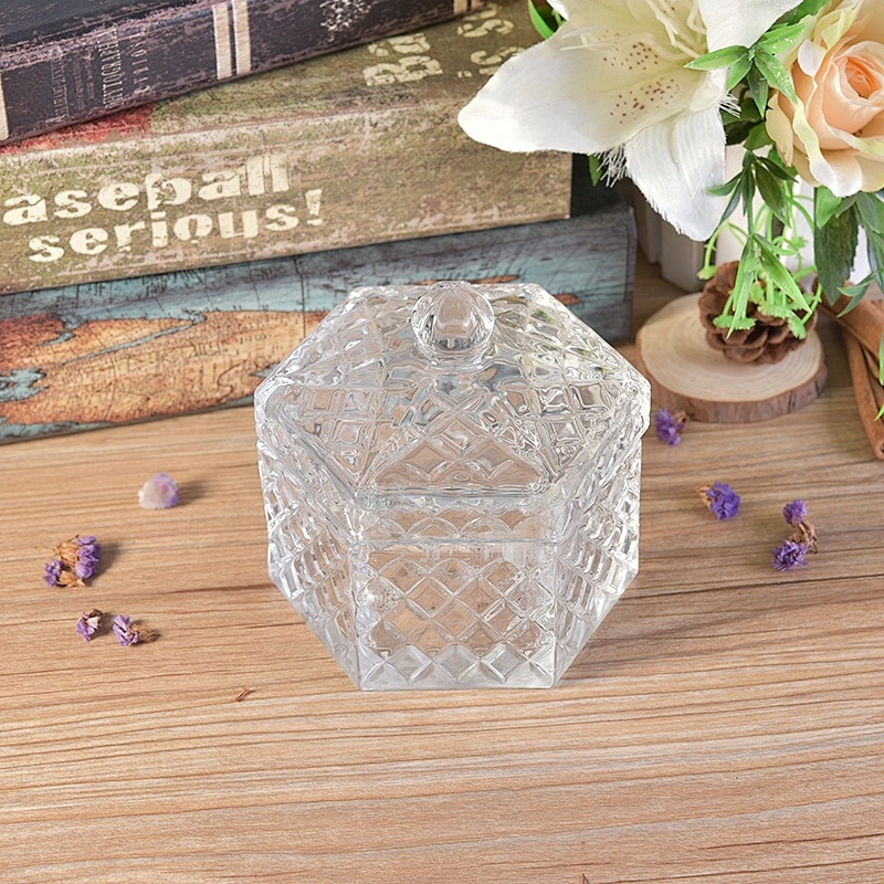 Customized luxury Hexagon tealight empty candle glass holder with lids