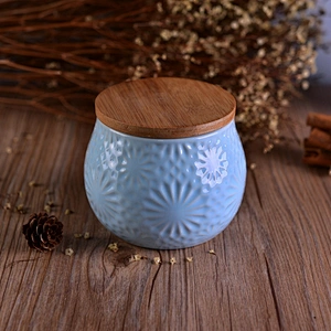 Wholesales flower tealight ceramic candle container with wood cover