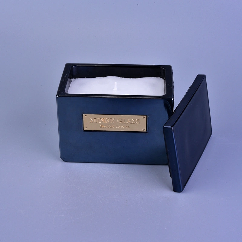 Home decoration Wholesales custom dark blue scented Glass Candle holder with lids