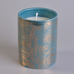 10oz Cylinder scented blue candle ceramic holder home decoration