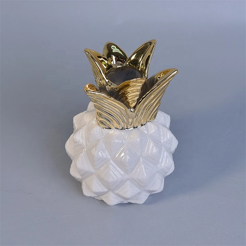 Wholesales Luxury custom white pineapple candle ceramic container with gold lid