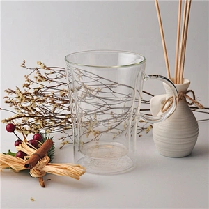 Hand Made Borosilicate water tea Double Wall Glass Cups with handle