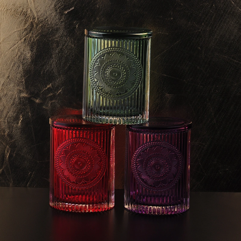 Wholesales stripe crystal lotus glass candle jar with lid 10oz