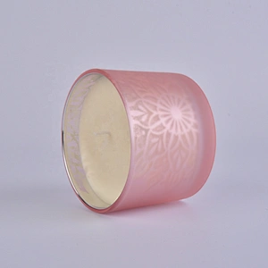 Home decoration frosted pink glass candle jar with wooden lid