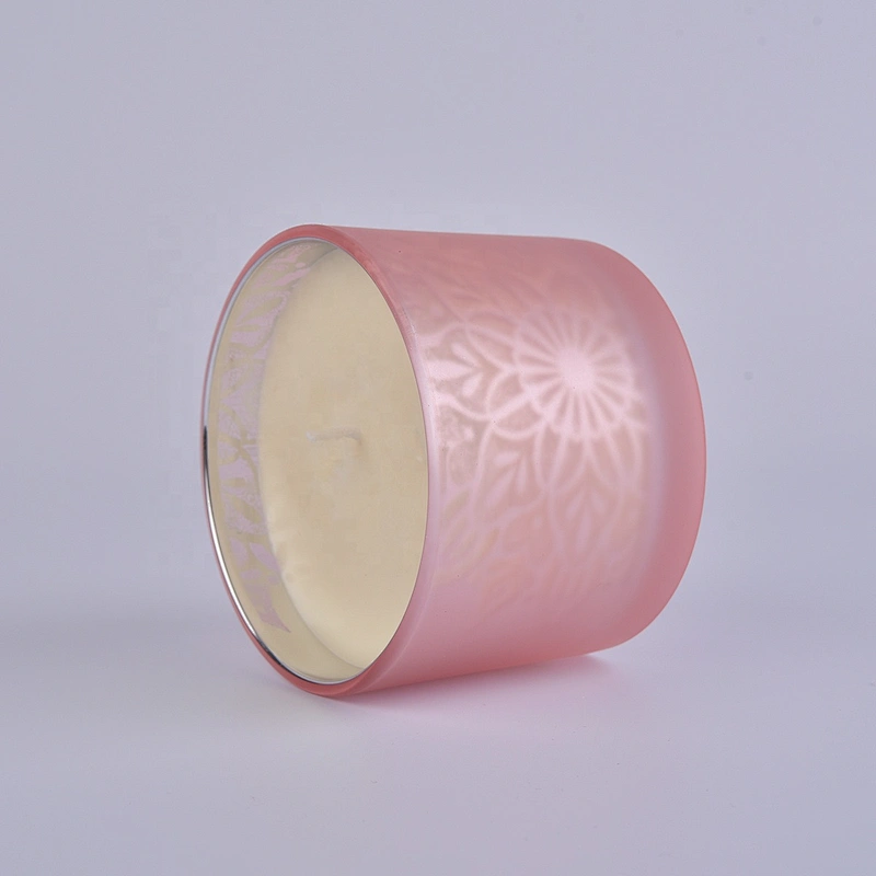 Home decoration frosted pink glass candle jar with wooden lid