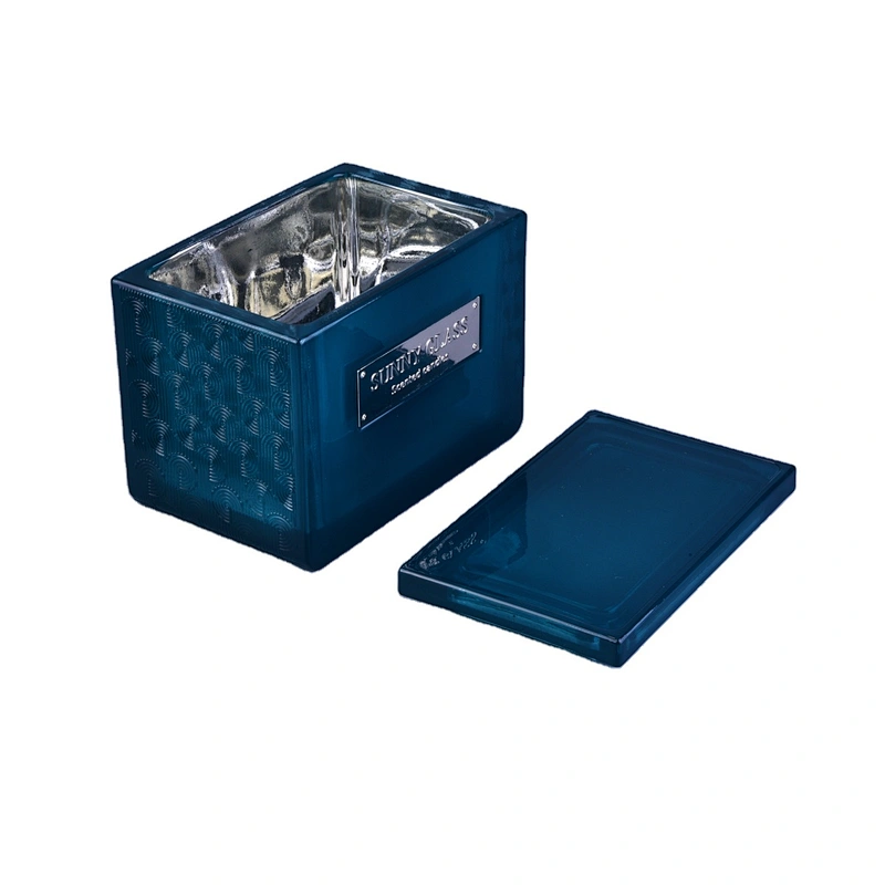 Wholesales luxury blue square glass candle holders with lid
