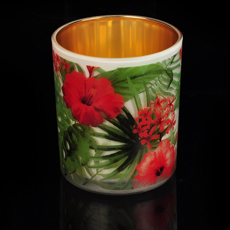 Luxury Gold plating Glass Candle Jar With Surrounding Decal