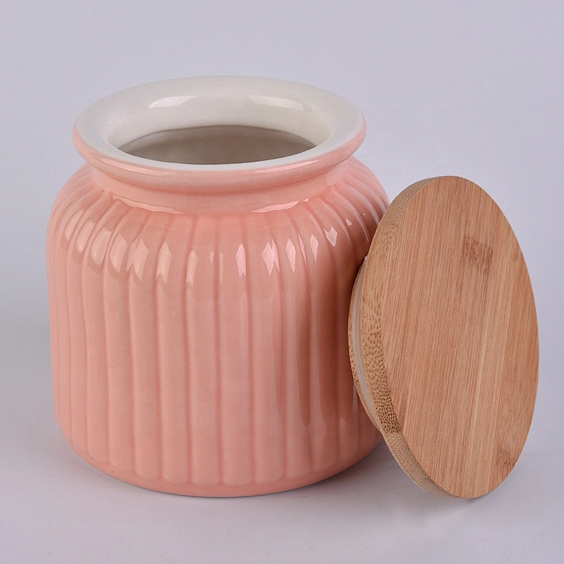 6oz 8oz 10oz Wholesales pink decorative ceramic candle jars with wood lids