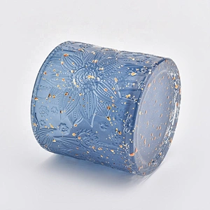 Wholesales cylinder Blue engraved hand cut glass candle jars with lid