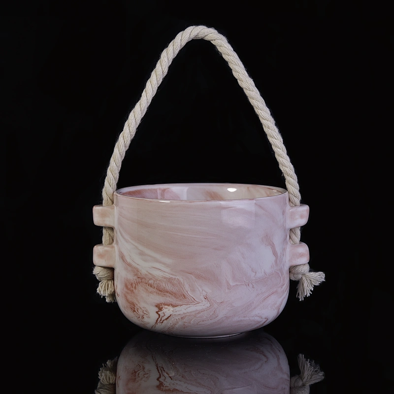 10oz Sunny pink decorative custom empty ceramic candle jar with hemp rope