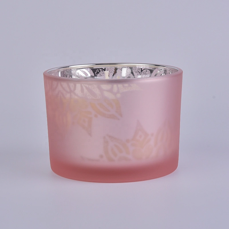 Home decoration frosted pink glass candle jar with wooden lid
