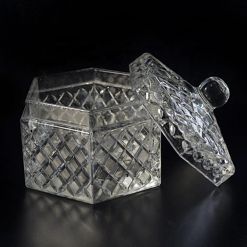 Customized luxury Hexagon tealight empty candle glass holder with lids